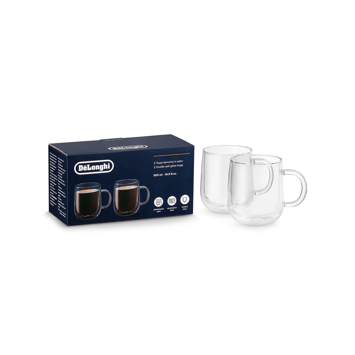 Delonghi 2x vasos dobles de vidrio borosilicato con asas cafetera de 500ml
