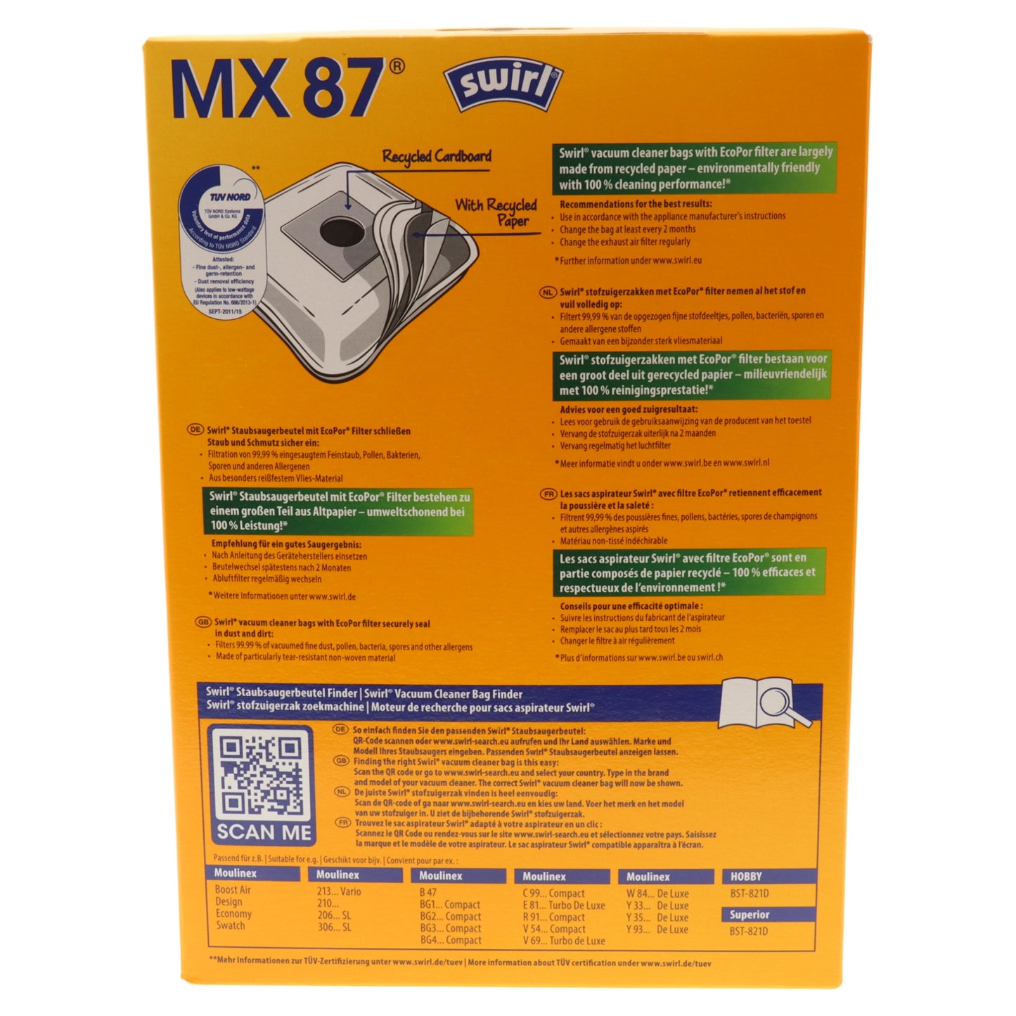 Swirl MX87 5x bolsas de microfibra para polvo para aspiradora Moulinex Boost Economy Compact Turbo