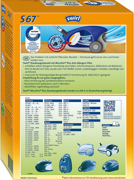 Swirl S67 4x bolsas de microfibra aspiradora Siemens Bosch Ufesa Karcher Severin