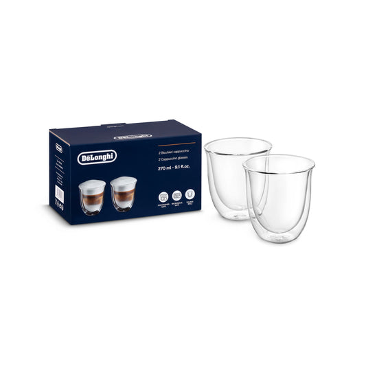 Delonghi 2x tazzine bicchieri cappuccino vetro doppia parete 270ml