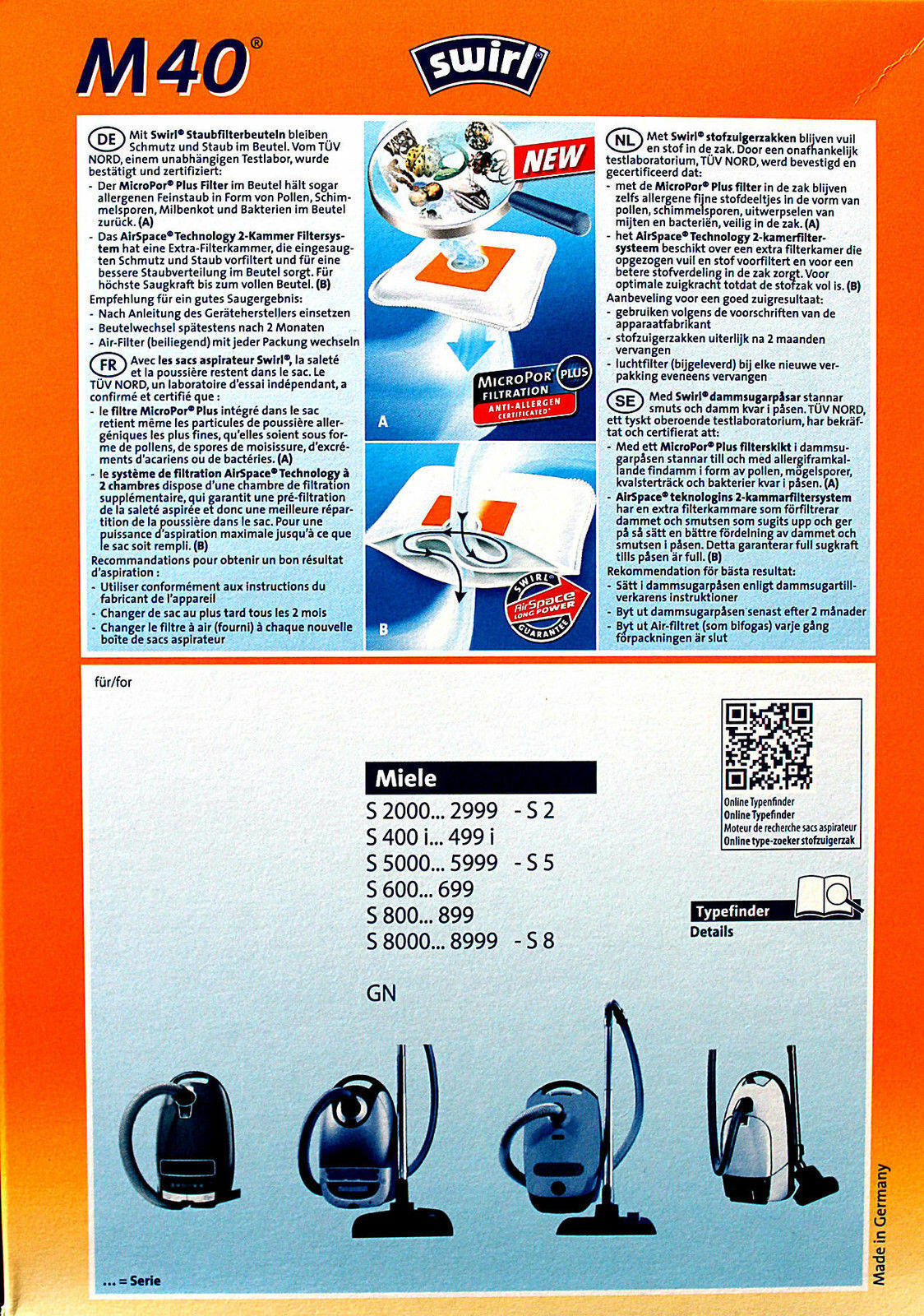 Swirl 4 sacchi polvere microfibra Miele S2000 S5000 S8000 S600 C1 C2 C3 ATHOS	