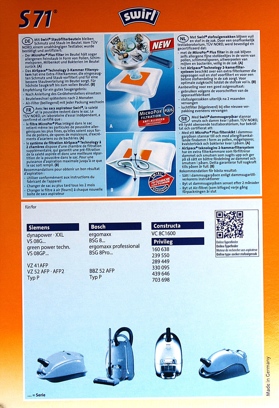 Swirl S71/4 kit 4 sacchetti aspirapolvere Bosch Siemens Dynapower Ergomaxx Green