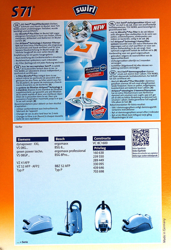 Swirl S71/4 kit 4 sacchetti aspirapolvere Bosch Siemens Dynapower Ergomaxx Green