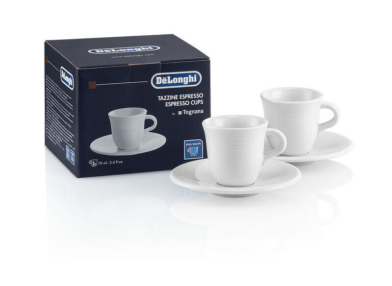 Delonghi 2x tazzine caffè 70ml by Tognana porcellana ceramica bianca + piattini