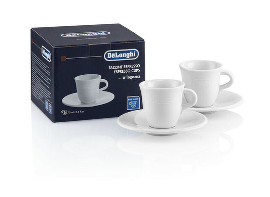 Delonghi 2x tazzine caffè 70ml by Tognana porcellana ceramica bianca + piattini