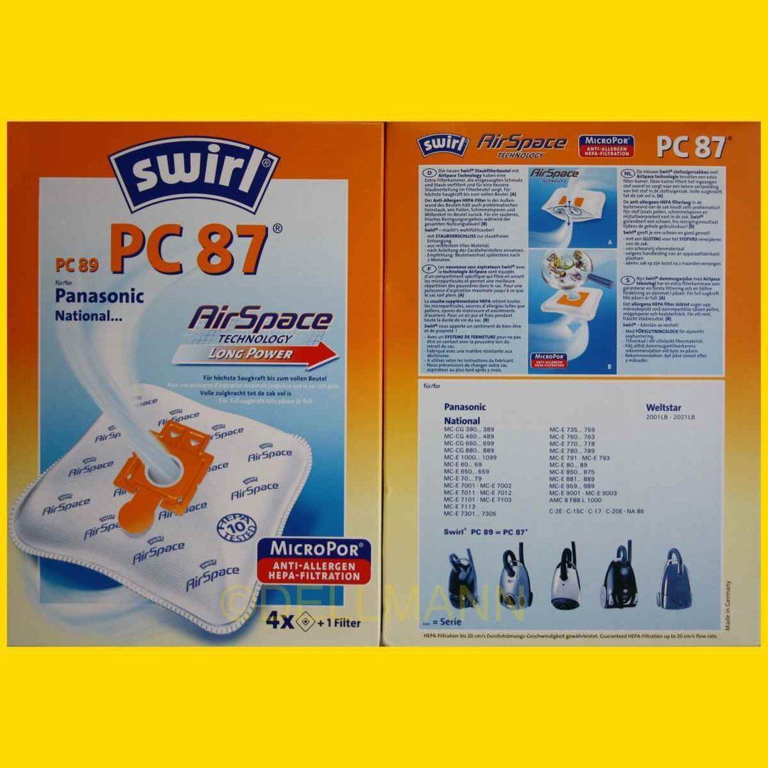 Swirl PC87 4 Sacchi Staubsaugerbeutel Panasonic MC70 MCE70 Samsung VC1400