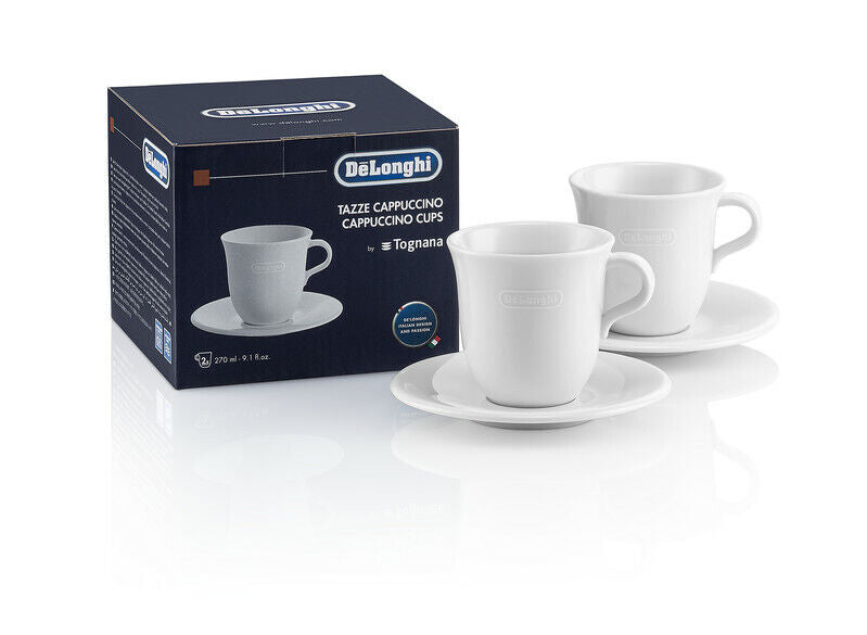 Delonghi 2x tazze cappuccino 270ml Tognana porcellana ceramica bianca + piattini