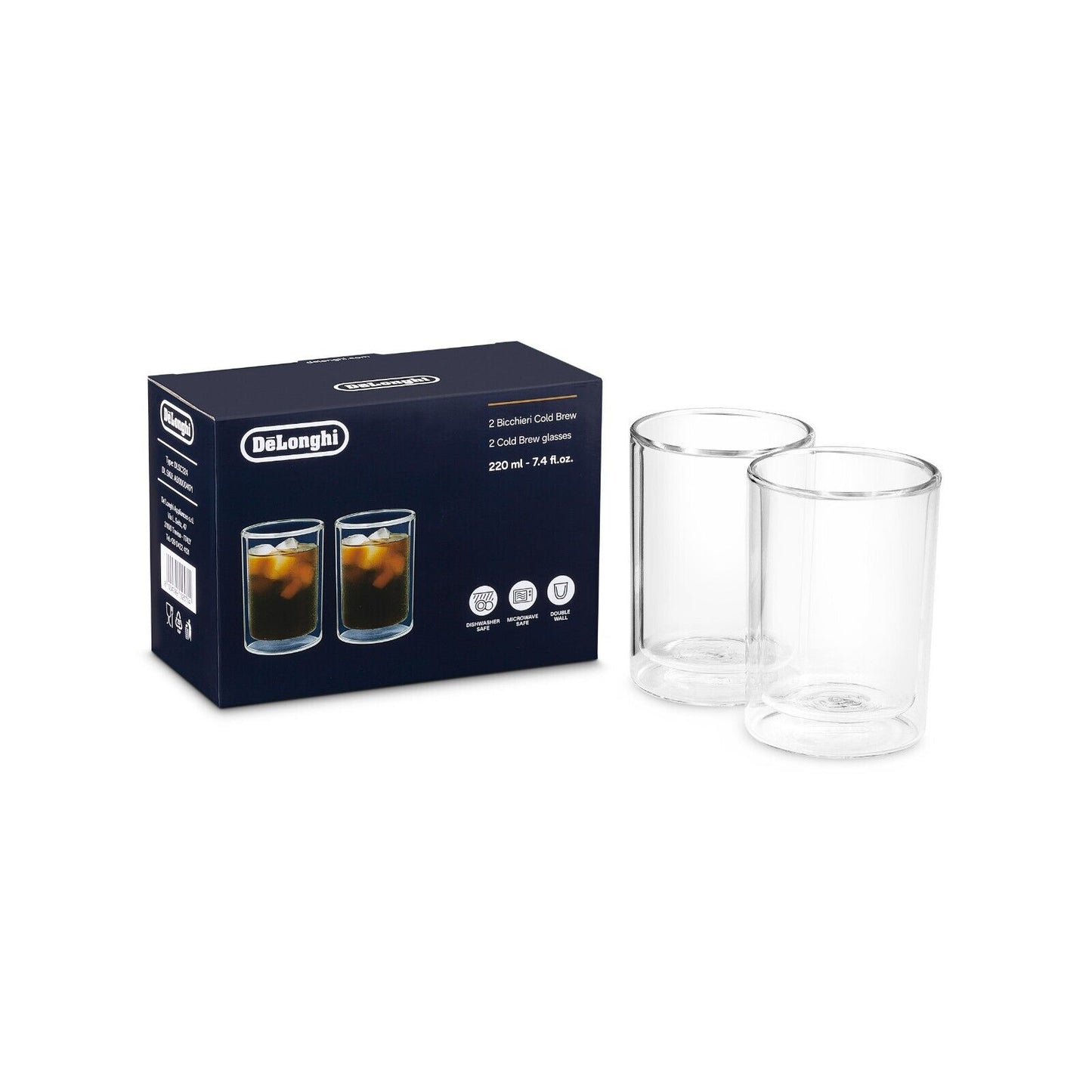 Delonghi 2 bicchieri Cold Brew 220ml doppia parete vetro bevande fredde 102mm