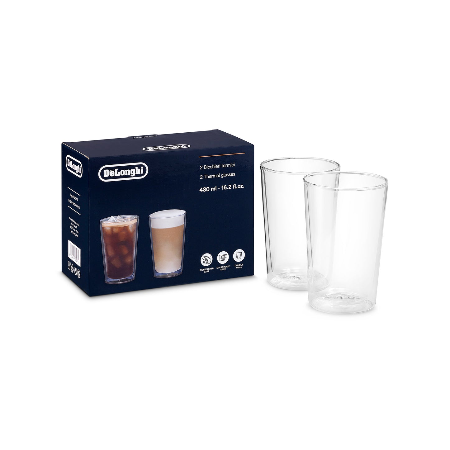 Delonghi 2x pahare din sticlă borosilicată cu pereți dubli termici 480ml elegante