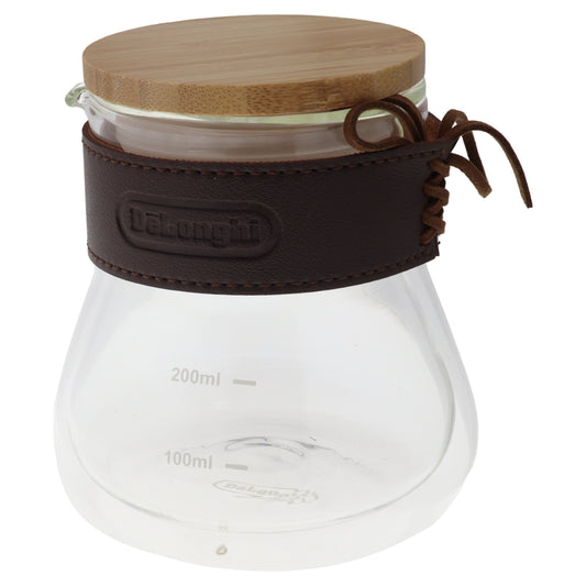 Carafe en verre double paroi Delonghi 360ml avec couvercle en bambou et bande en simili cuir
