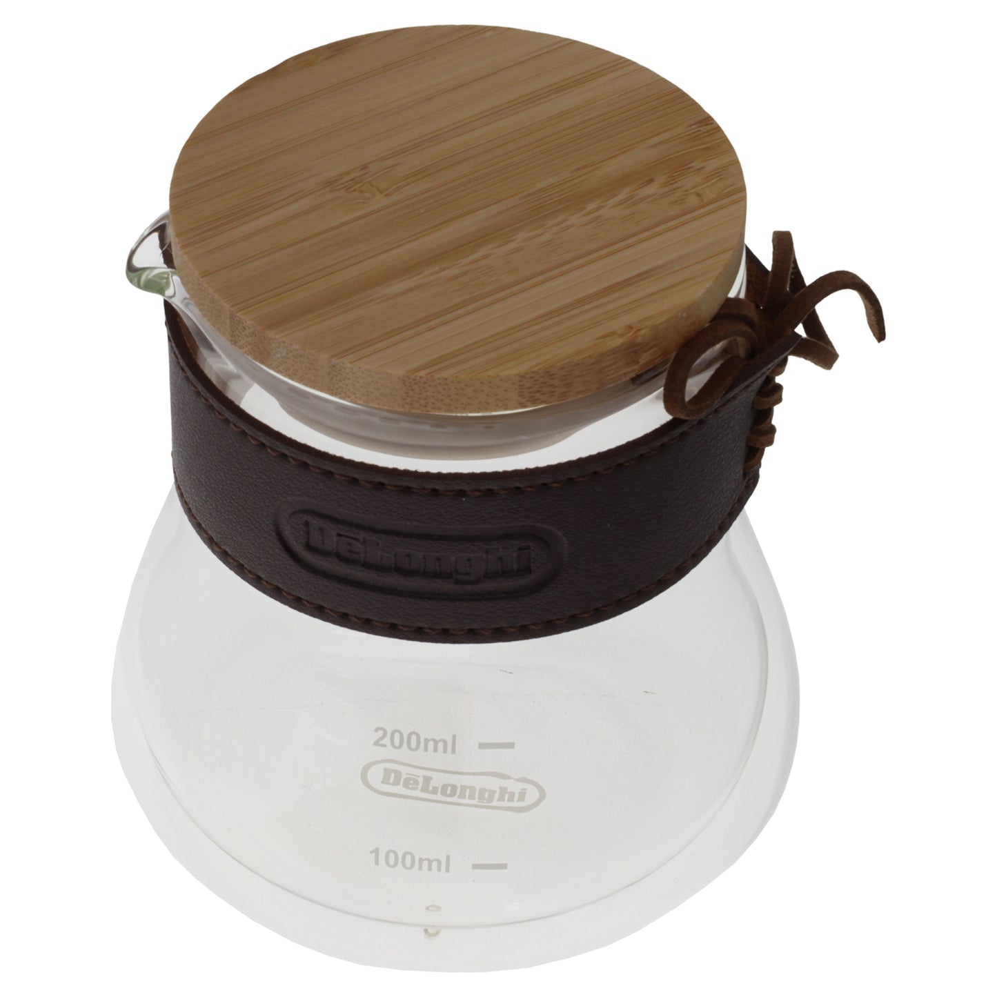 Carafe en verre double paroi Delonghi 360ml avec couvercle en bambou et bande en simili cuir
