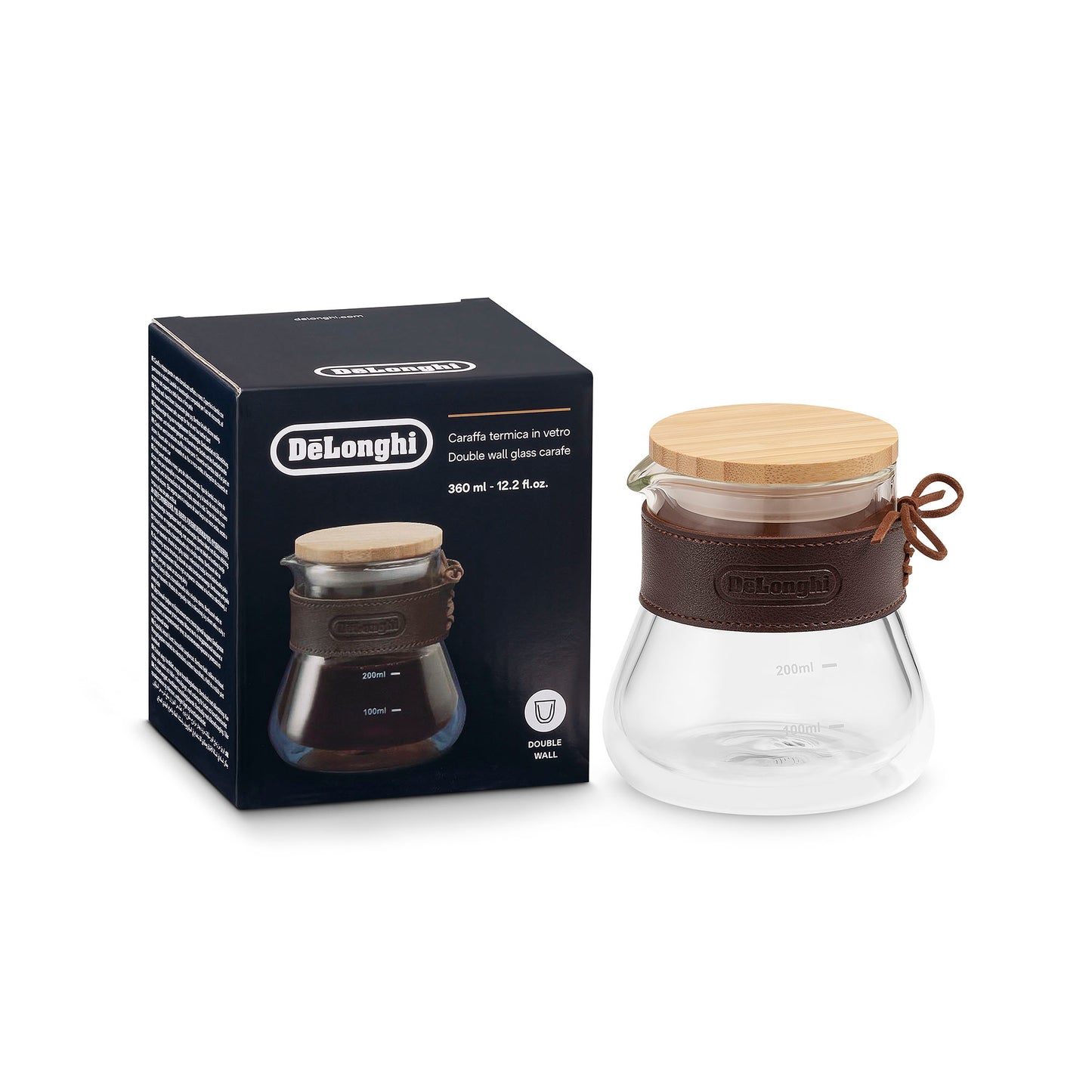 Delonghi caraffa vetro doppia parete 360ml coperchio bambù fascia finta pelle