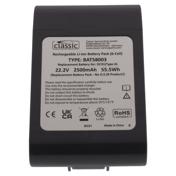 Batteria 22.2V 2500mAh 55.5Wh tipo A scopa aspirapolvere per Dyson DC31 DC34 DC43H DC44 DC45