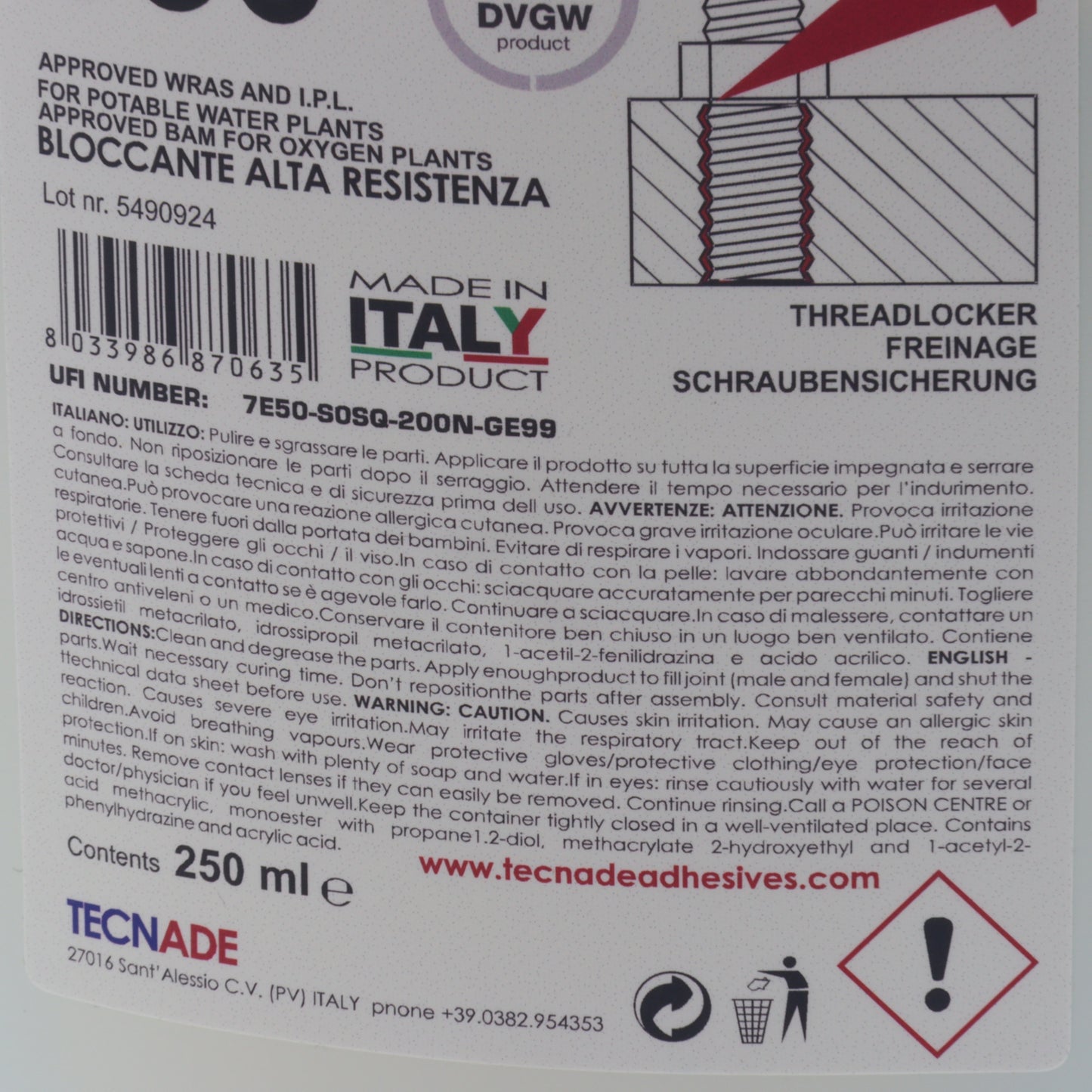 Tecnade Selon 336 frena serra filetti sigillante alimentare 250ml forte