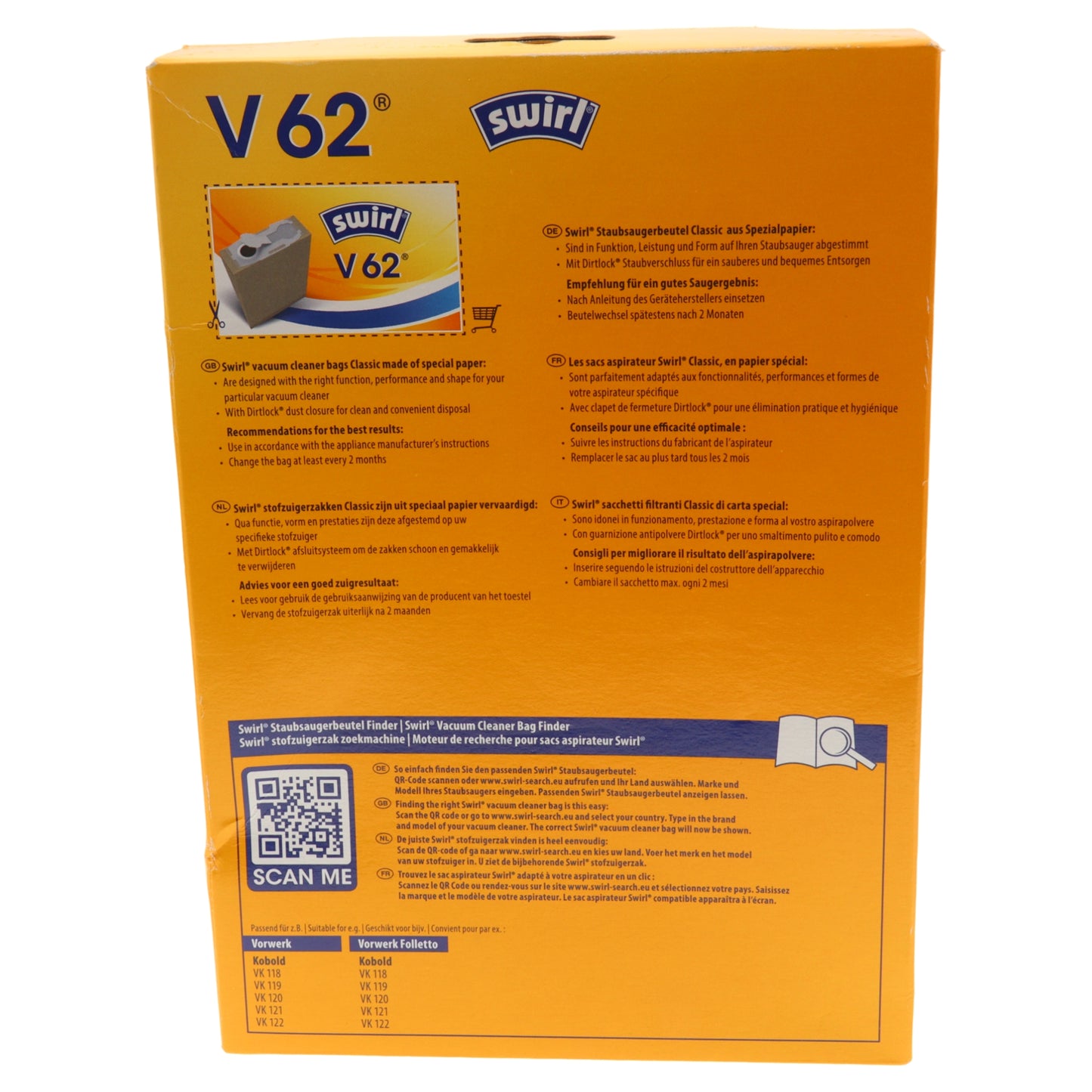 Swirl V62 8x saci din hârtie pentru aspirator Folletto VK118 VK119 VK120 VK121 VK122
