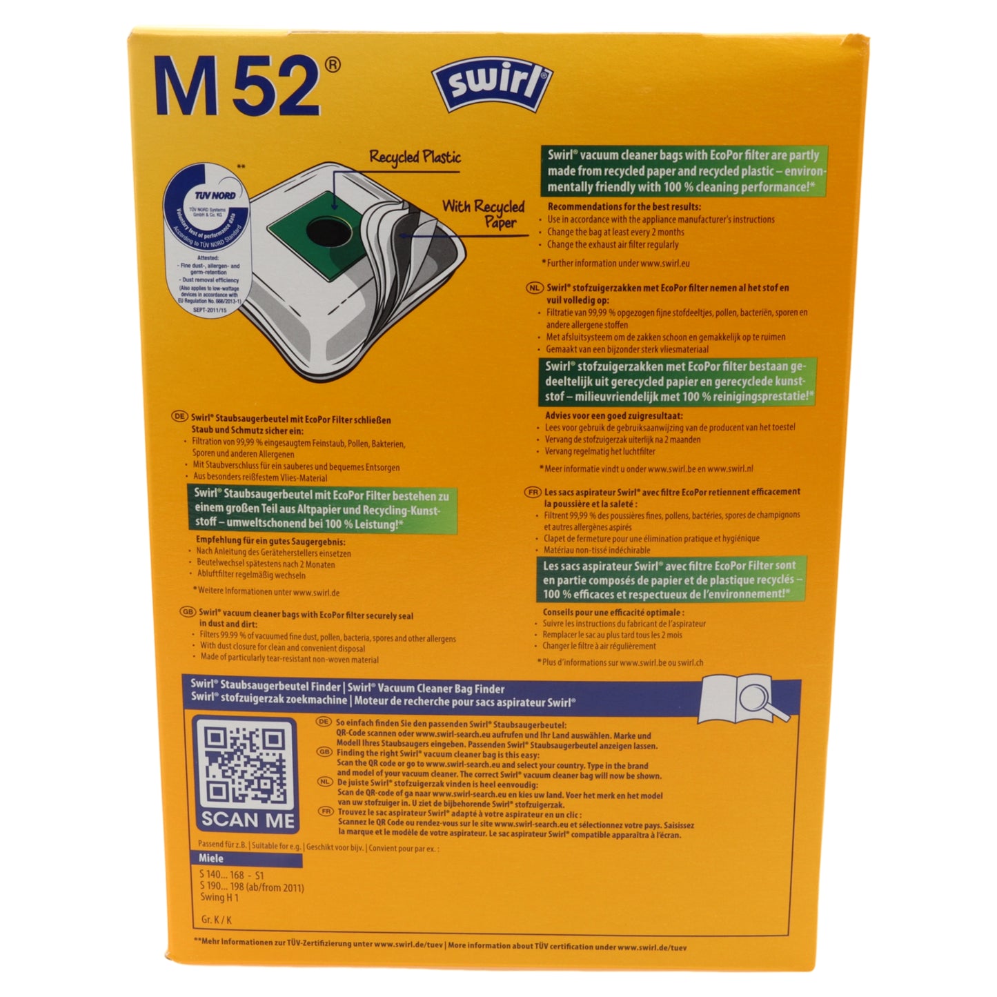 Swirl 4x sacchi microfibra M52 per aspirapolvere Miele S1 H1 S140 S168 S190 S19